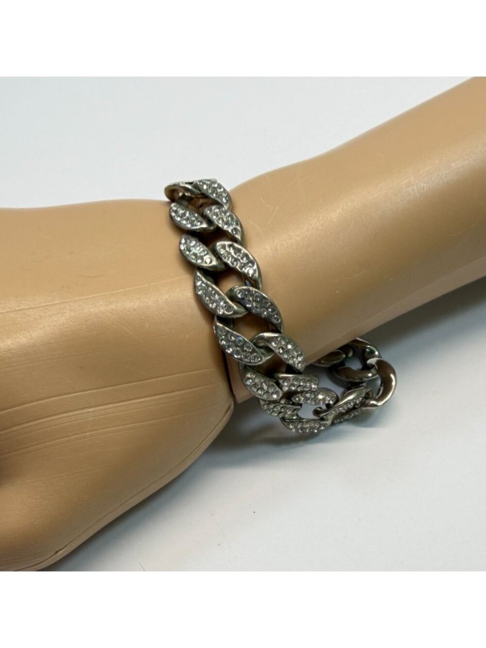 Silver Tone Cuban Link Bracelet Pave Rhinestones Miami Bold Iced Out Statement